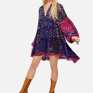 Free People Shibori Long Sleeve Tunic Dress Indigo Print Size L